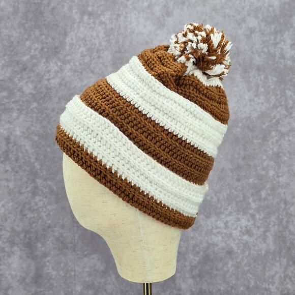 Brown Pom Pom White Cable Knit Vintage Y2k Funky Beanie‎ Crochet Hat main image 4